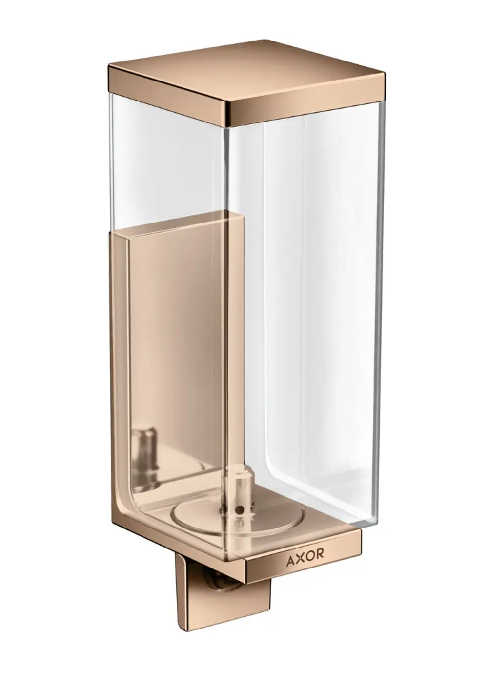 Spender für Lotionen in rechteckiger Form aus transparentem Material mit Polished Red Gold-Elementen, Marke AXOR, montierbar an der Wand.